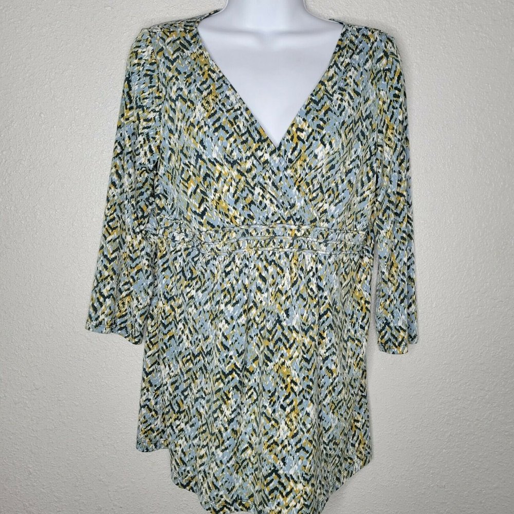 Liz&Co Blouse 3/4 sleeve Career Top - Blue and Tan- Large